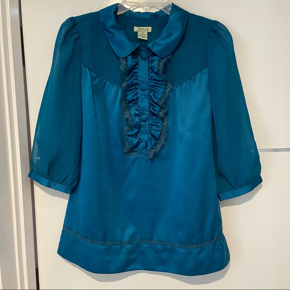 2env silk ruffle front blue elbow sleeve blouse